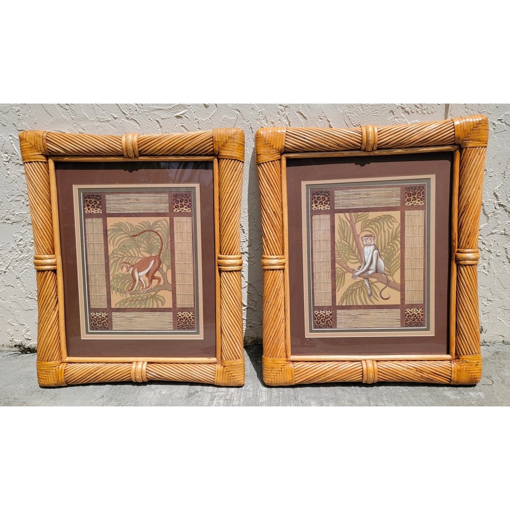 Monkey Animal Rattan Framed Large Art Prints Set of 2  Grandmillennial 20.5x24
